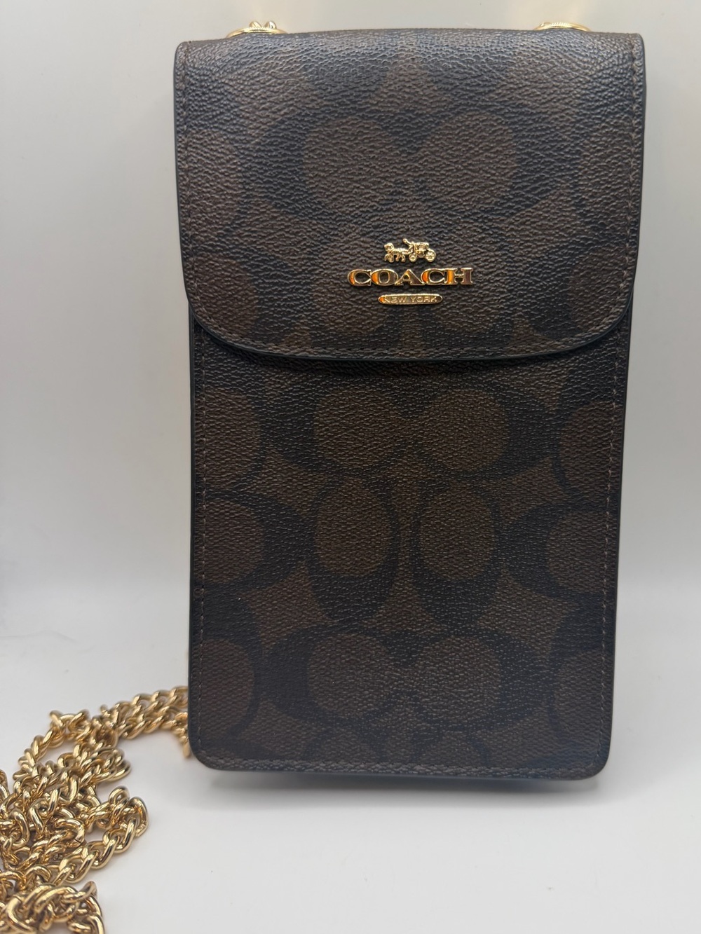 Coach Brown Monogram Crossbody Phone Pouch with Gold Chain